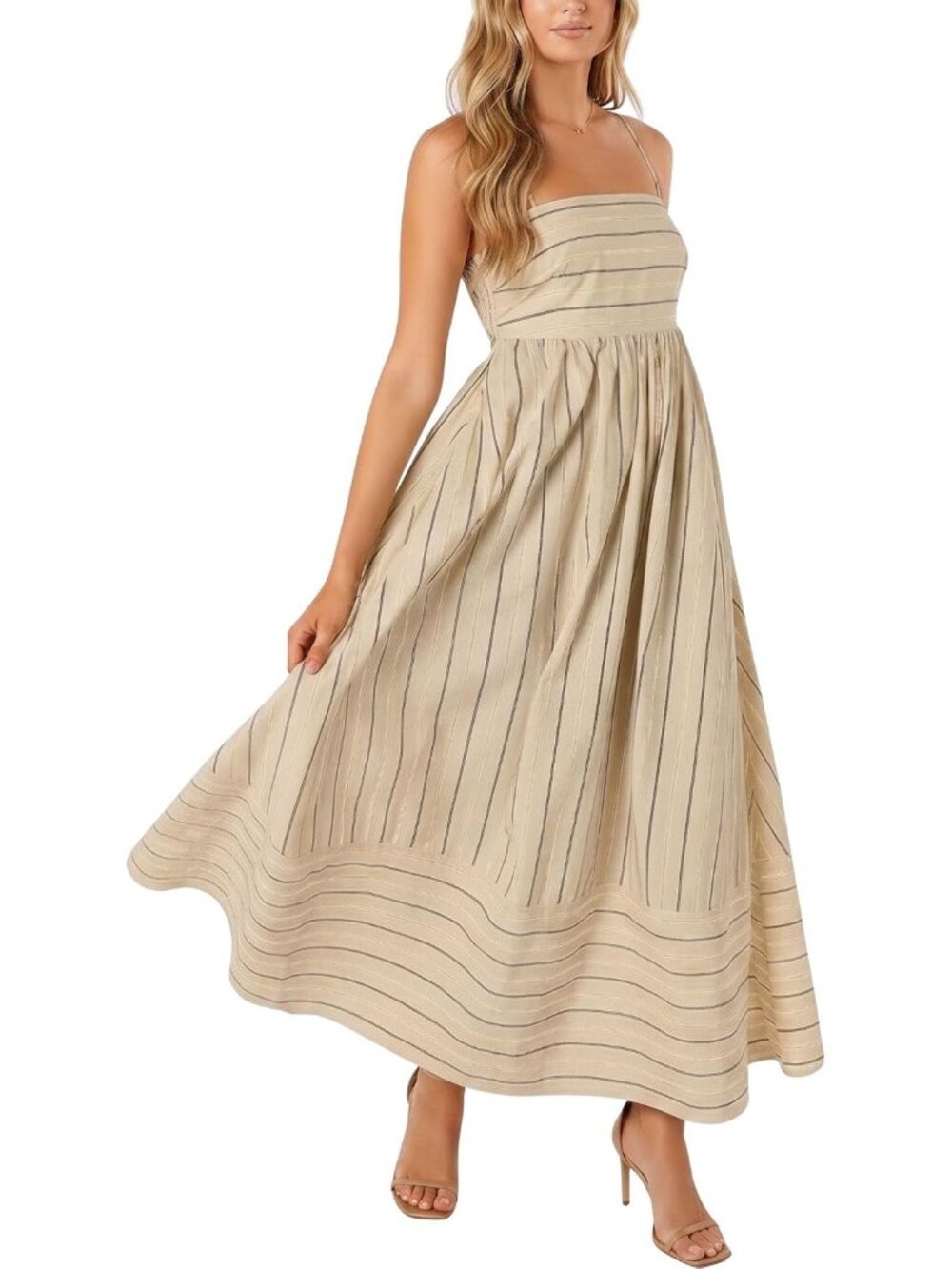 〽️Apricot Vertical Stripe Maxi Sundress Smocked Back Cutout Spaghetti Straps
